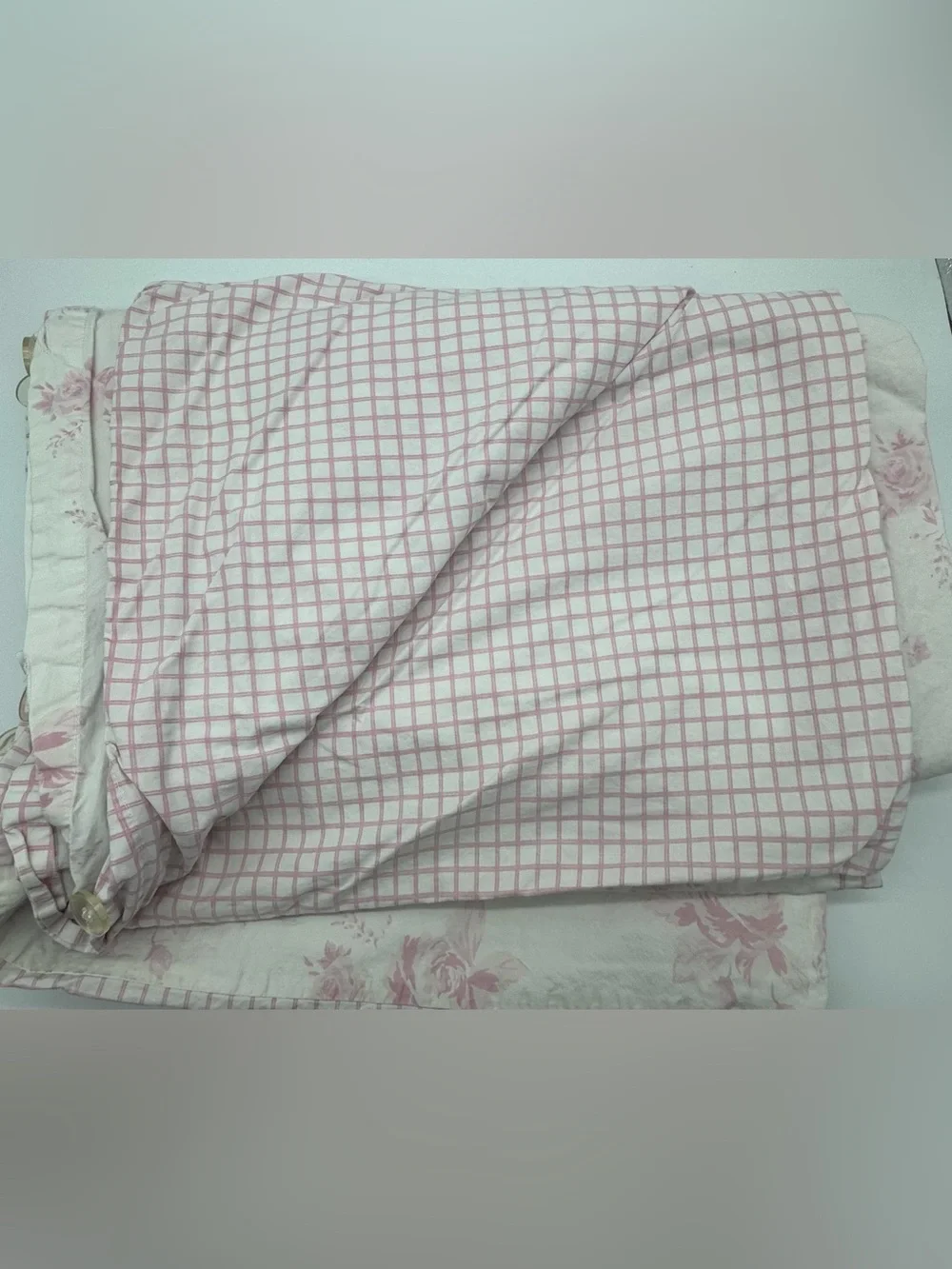 Pottery Barn Kids Twin Duvet Cover Pink Cabbage Rose Floral Windowpane Check
